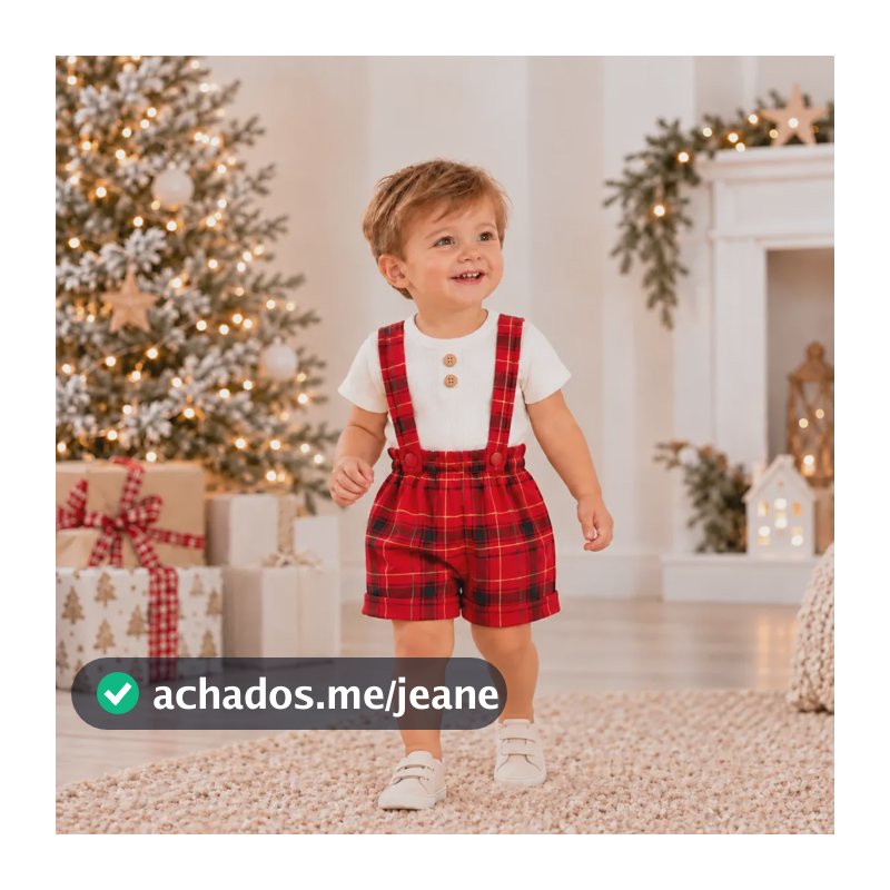 Conjunto Natalino Bebê Menino Body Short Xadrez Suspensório Vermelho Xadrez Pp