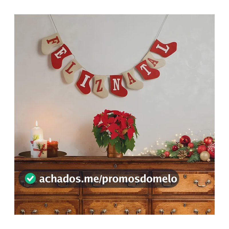 Varal Decorativo Cordão De Botas Meia E Prendedores Natal Vermelho E Bege Feliz Natal