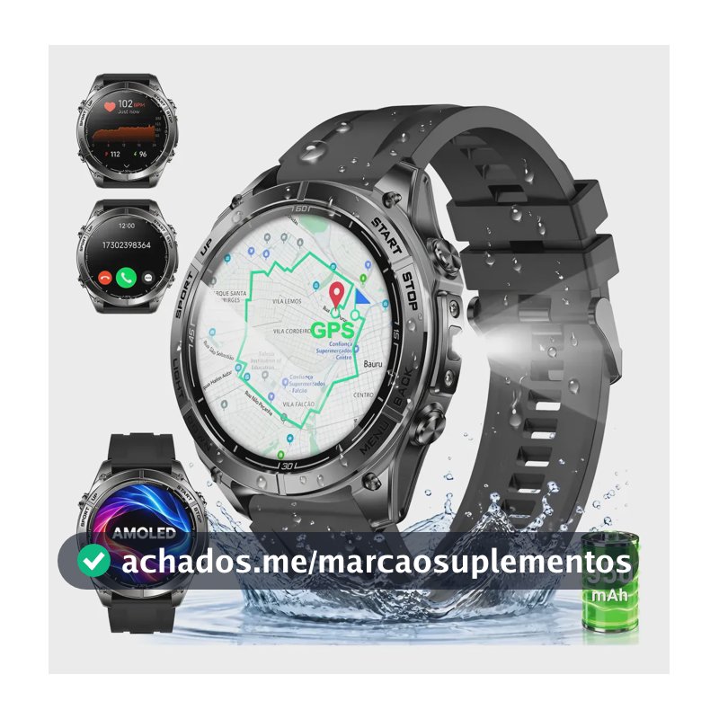 Relógio Inteligente Smartwatch Gps 5atm Amoled Mapas Offline Branco Smartwatch Esportivo À Prova D'água Com Gps Para Aventuras Ao Ar Livre Preto