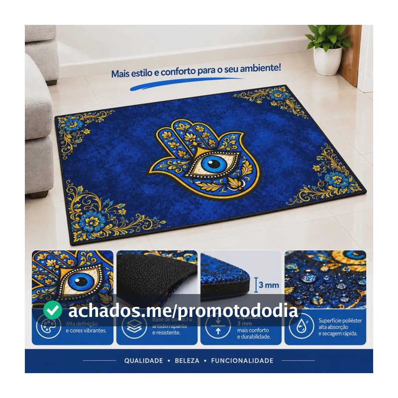 Tapete Capacho Olho Grego 80x50 Absorvente Antiderrapante 80 Cm 50 Cm Azul