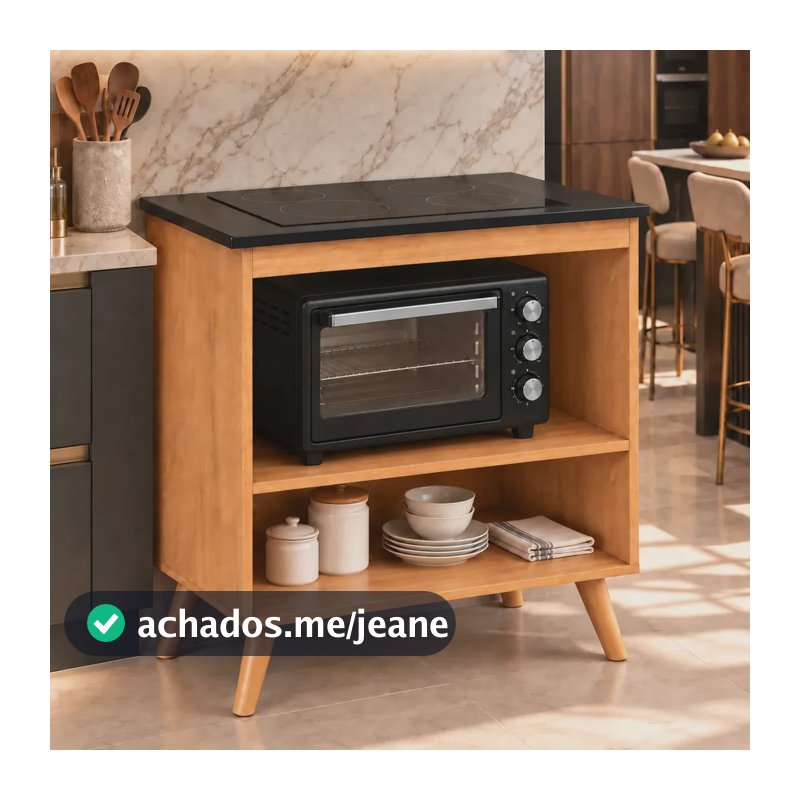 Balcão de Cozinha para Cooktop 4/5 Bocas Parma Nature com Tampo Recortado 53,5x38 cm 2 Nichos para Forno e Micro-ondas Prateleira Ajustável MDP 15mm 85,5x76,5x49 cm Pés Retrô Pintura UV Design Moderno