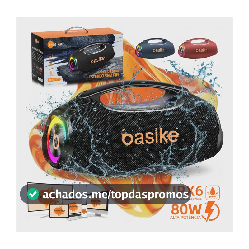 Basike Caixa de Som Boombox Plus 80W 8000Mah Portátil Bluetooth 5.3 Sem fio IPX6 À Prova D'água Com Luz RGB Hifi TWS Bass Forte Amplificada Alto falante Bombox TV Festa Casa Soundbox Subwoofer RAD337