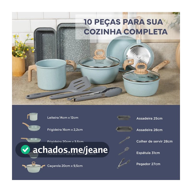Jogo de Panelas 10 Peças Cerâmica Antiaderente Indução Caçarola Frigideira Fervedor Assadeira Smart Ceramic Neuhaus Verde Claro