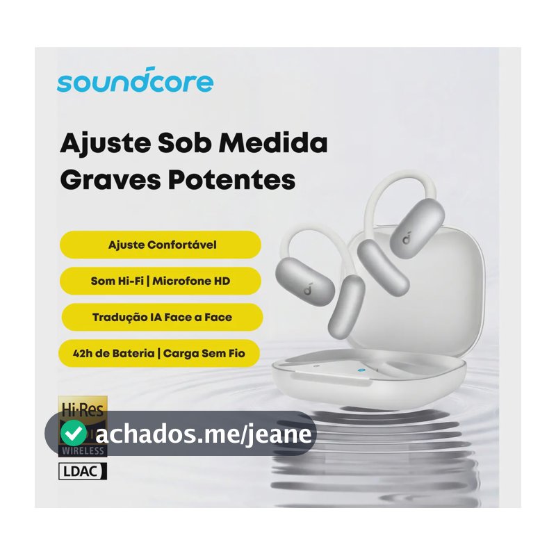 Fone Ouvido Open-Ear Aberto Soundcore AeroFit 2 Bluetooth 5.4 Design Ajustável App com Tradução para 100 Idiomas Hi-Res LDAC 42h Bateria IP55 4 Mics IA Chamadas Claras Carregamento Sem Fio Cor Branco