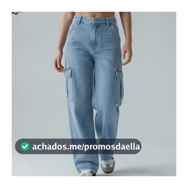 Calça Jeans Wide Leg Cargo Preta Feminina Cintura Alta