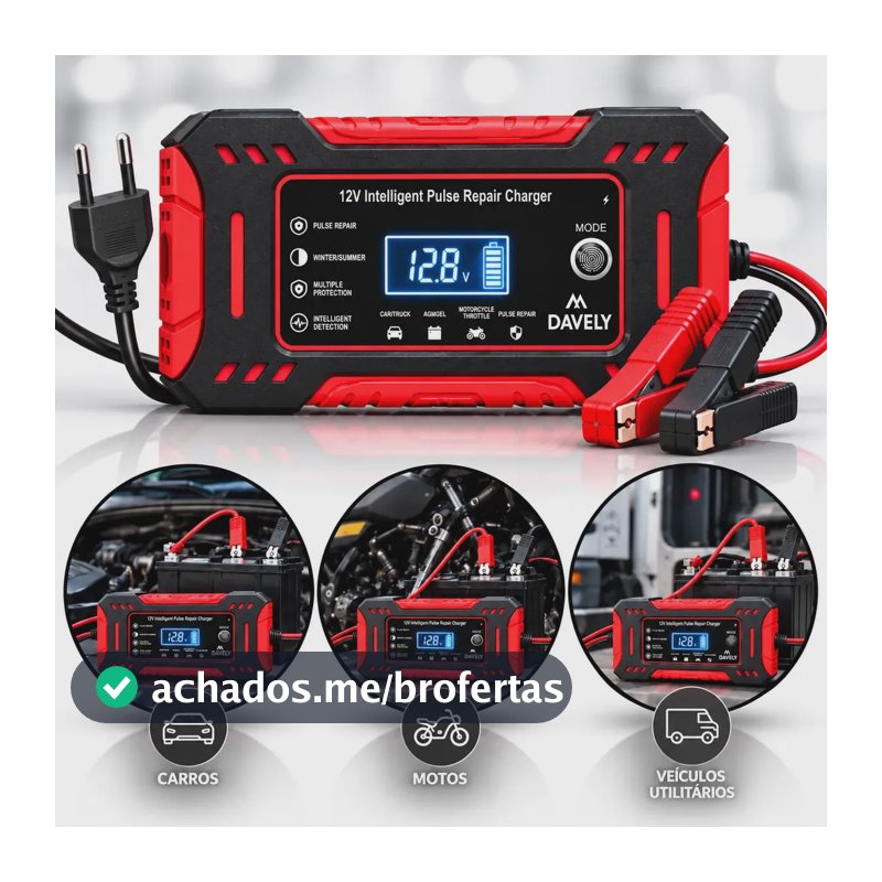 Carregador de Bateria 12V 6A Bivolt Inteligente Carro Moto Caminhão Automotivo 4Ah a 100Ah Com Função Reparo Display Digital Proteção Carga Emergencia Portátil Resistente Eficiente Multifuncional