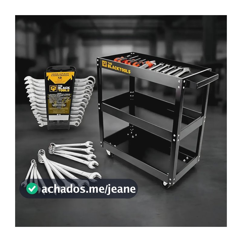Carrinho Aberto Oficina Mecânico Multiuso + 12 Jogo Chaves Preto