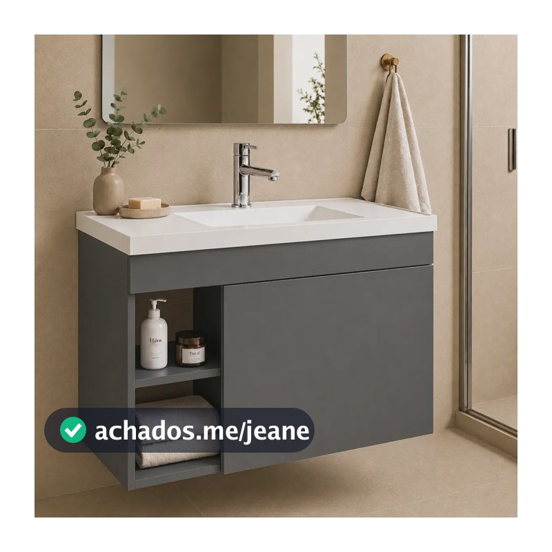 Conjunto Gabinete Suspenso Banheiro + Cuba Compacta Moderna Cinza - Blue Moby