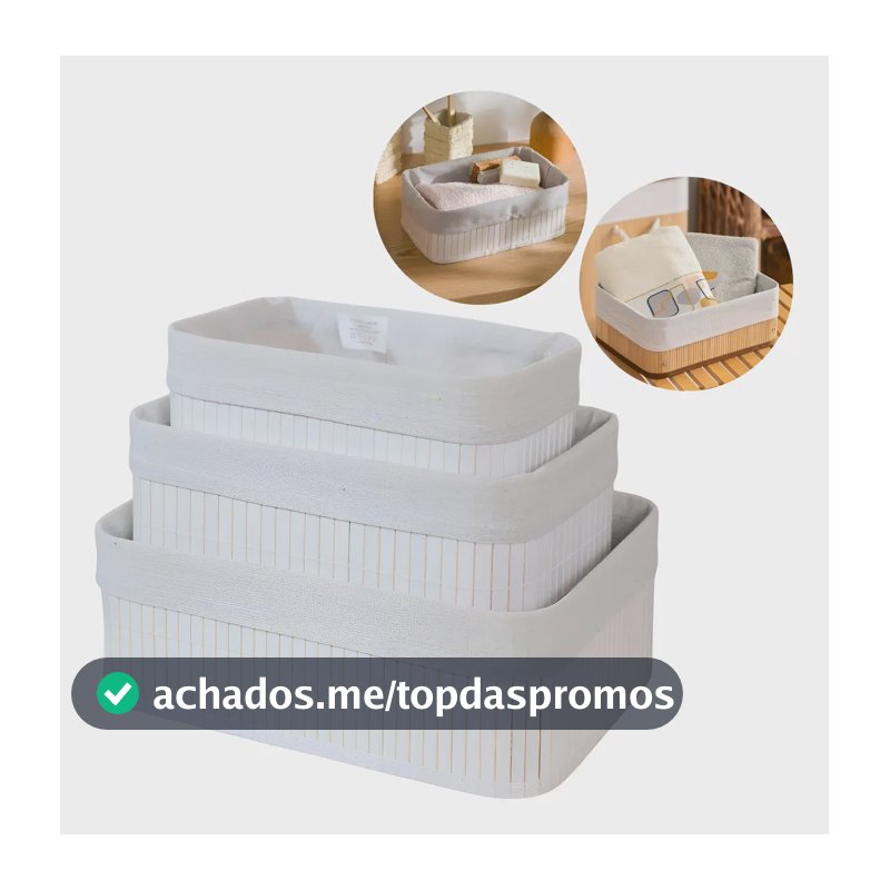 Kit 3 Cestos Organizadores De Bambu Multiuso Com Forro Cor Branco