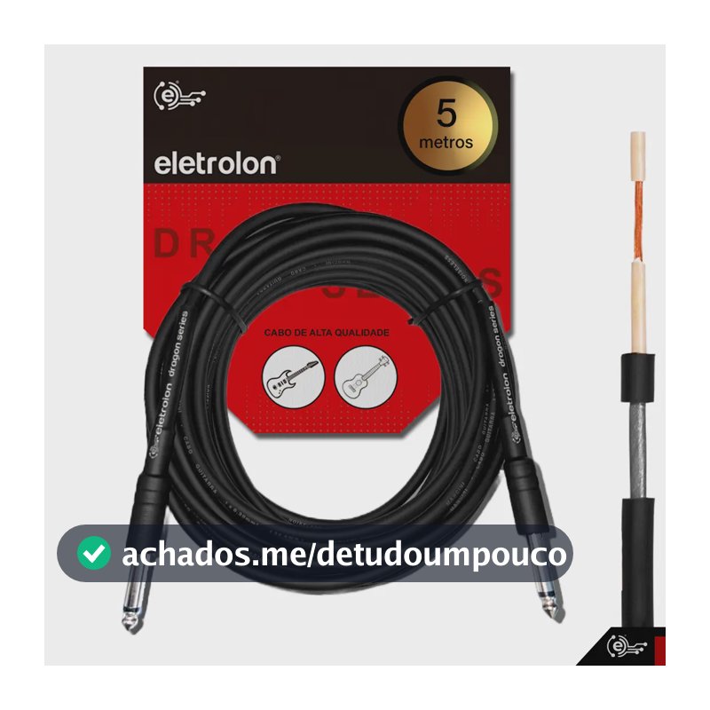 Cabo P10 Mono para P10 Mono 5 Metros Profissional Áudio Som Guitarra Violão Baixo Teclado Amplificador Pedal Instrumento Musical Blindado Resistente Plug Reforçado Qualidade Premium Estúdio Eletrolon