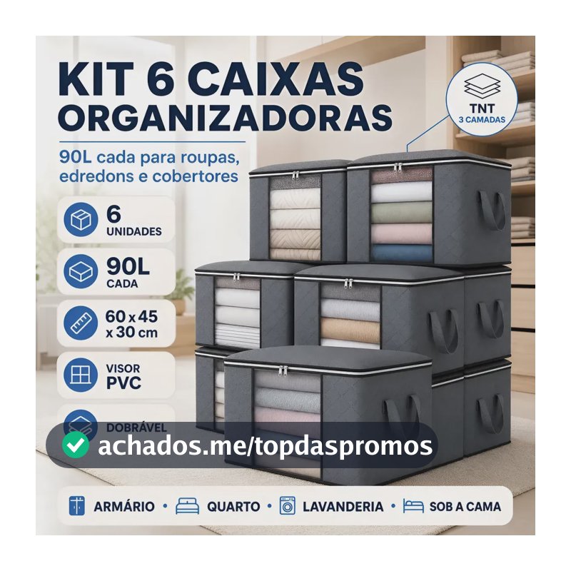 Kit 6 Caixas Organizadoras 90l Roupas E Edredons Com Tampa Cinza-escuro