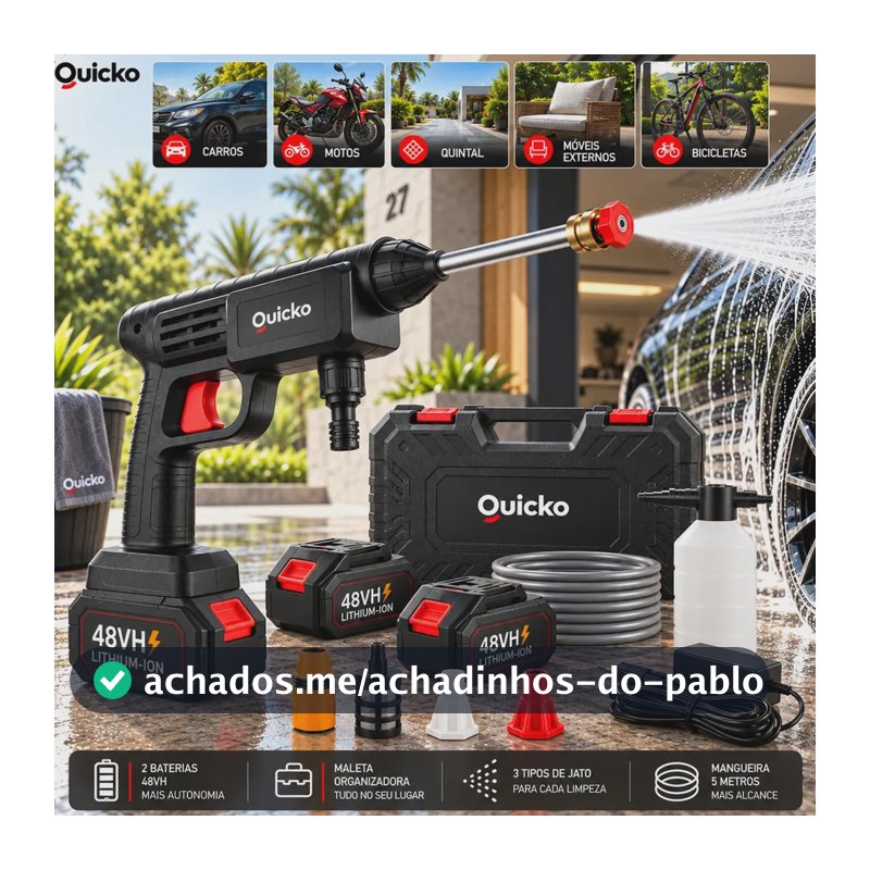 Lavadora De Alta Pressão Vap Portátil Sem Fio Bateria Lava Jato Elétrica Recarregável P/ Lavar Carro Moto Quintal C/ 2 Baterias Quicko Bico Mangueira Dispenser De Sabão Lavadora Alta Pressao Portátil