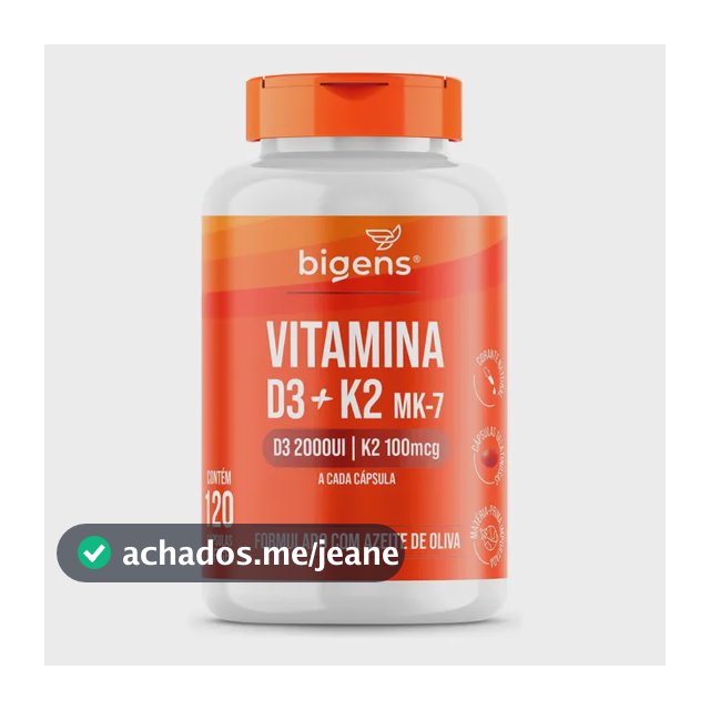 Vitamina D3 2000ui + K2 Mk-7 100mcg, 120 Cápsulas, Bigens Sabor Neutro