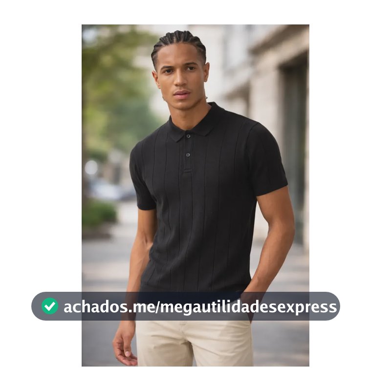 Camisa Polo Masculina Tricot Casual Canelada Original  Preto Liso Gg