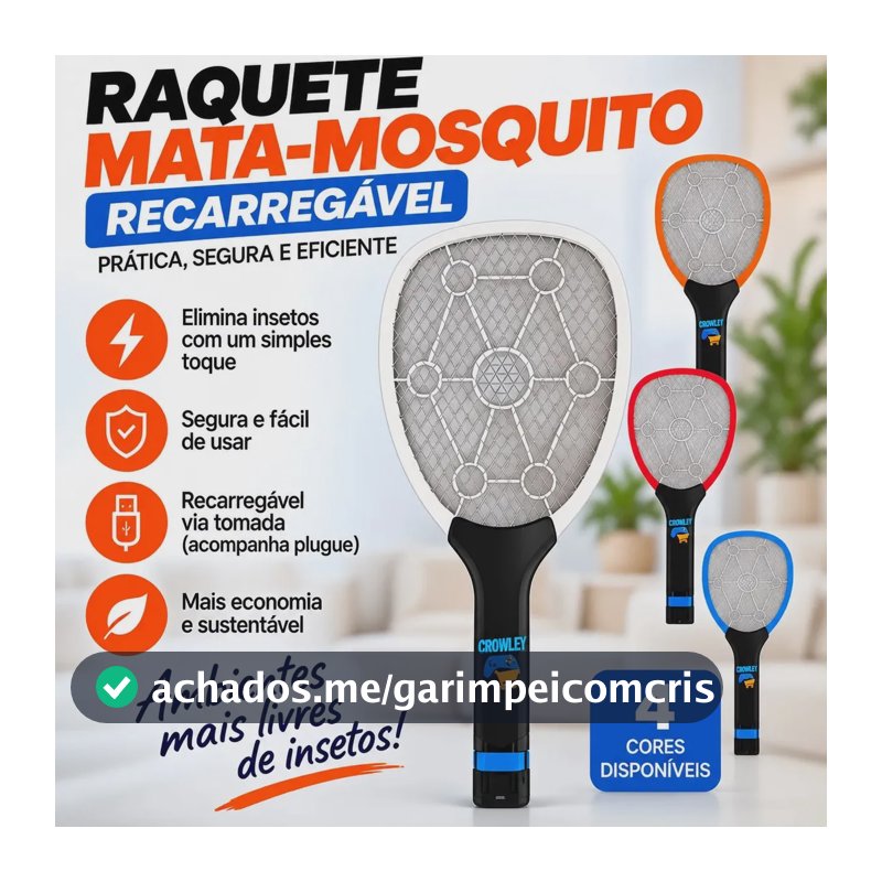 Raquete Elétrica Mata Mosquito Mosca Pernilongo Dengue Insetos Bateria Recarregavel Bivolt - Crowley