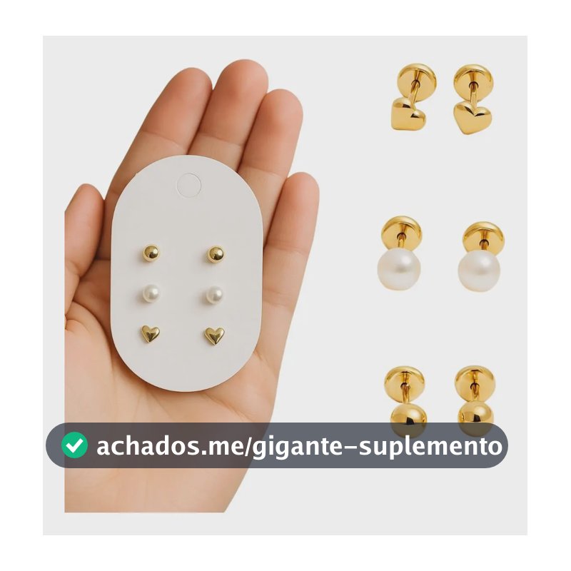Trio Brincos Bebê Antialérgicos Banho Ouro 18k, Tarraxa Baby Pérola - Bolinha - Coração