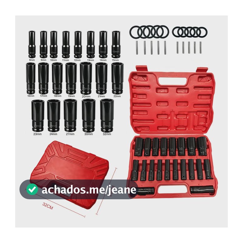 Kit de 20 Soquetes de Impacto Longos 1/2" 8 até 32 mm para Parafusos Sextavados e Porcas, com Maleta Organizadora, Pinos e Anéis de Retenção para Reparos Automotivos, Oficinas e Manutenção de Máquinas