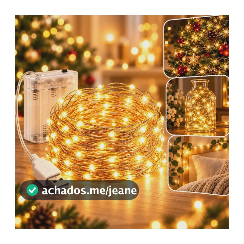 Fio Fada Cordão Decorativo Branco Quente 10 Metros USB e Pilhas