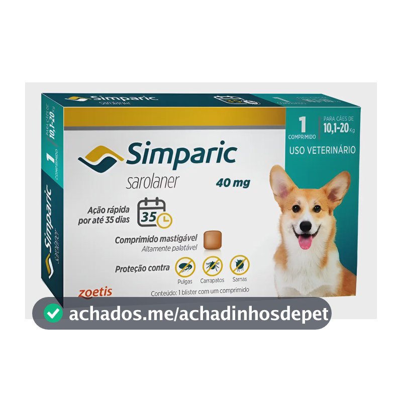 Simparic 40mg Zoetis Antipulgas E Carrapatos 1comp 10-20kg Verde