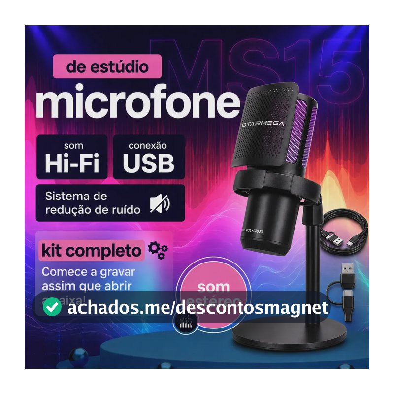 Microfone Condensador Rgb Alta Sensibilidade Usb para Gamer Streaming e PC Com Luz LED