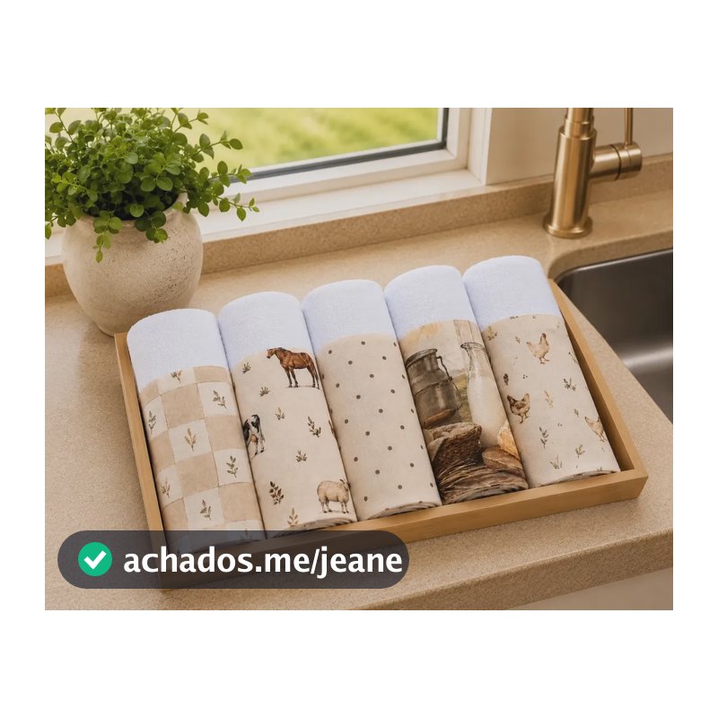 Kit 5 Panos De Prato 100% Algodão Com Saquinho Presenteável Única Vida No Campo