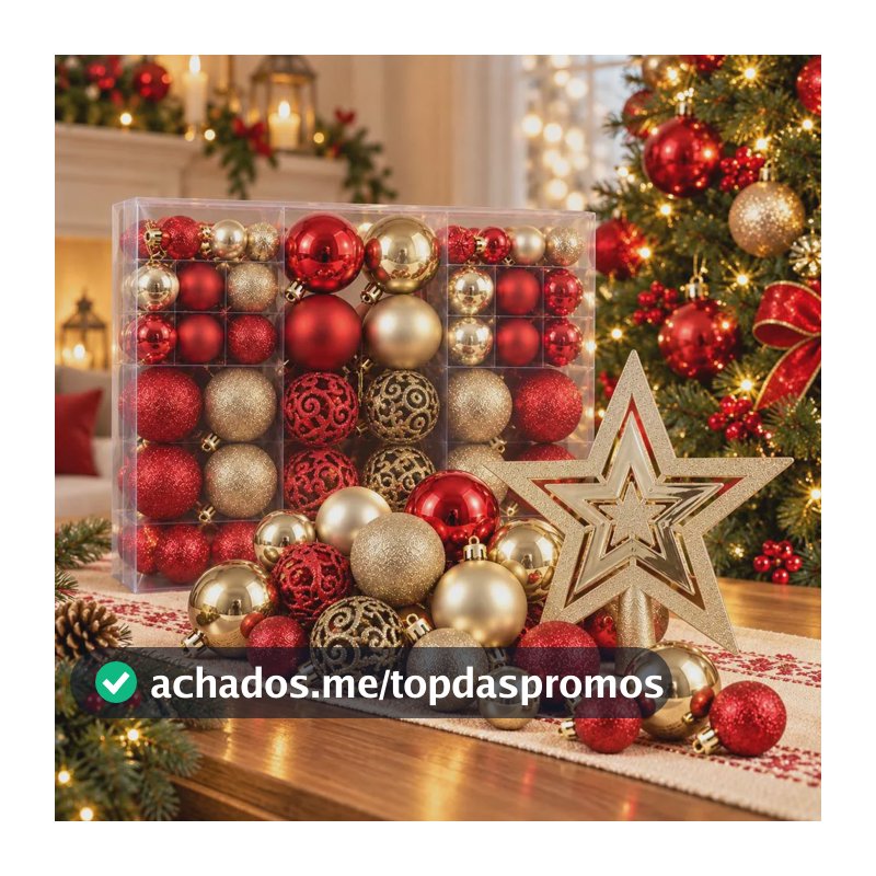 Kit Bolas De Natal Decoração Árvore Com Estrela 101 Pçs Vermelho E Dourado