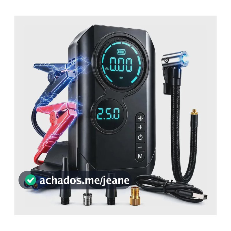 Auxiliar de Partida Portátil XIUDEEN T-701 12V 8000A Chupeta Carregador de Bateria Automotivo com 4 Bicos Compressor de Ar 150 PSI, Power Bank e Lanterna LED para Carro, SUV, Moto e Bicicleta