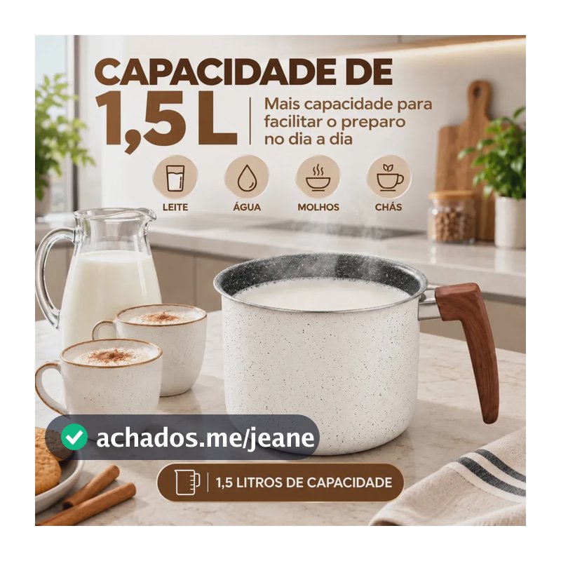 Leiteira Fervedor Antiaderente 1,5L Granito Alumínio para Indução Gás Elétrico Vitrocerâmico Cabo Amadeirado Branco Granito