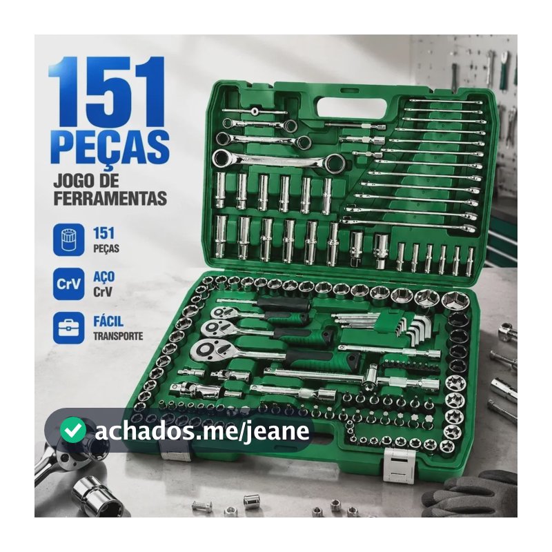 Kit Jogo De Ferramentas Com Soquetes 151 Peças De Aço Crv Verde-musgo