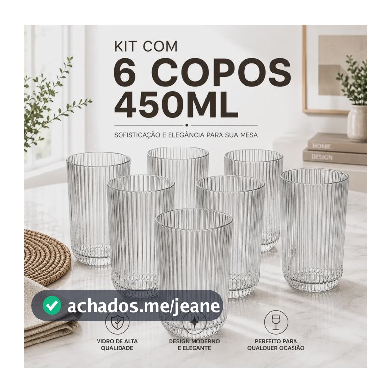 Jogo 6 Copos De Vidro Canelado 450ml Agua Sucos Drinks Transparente