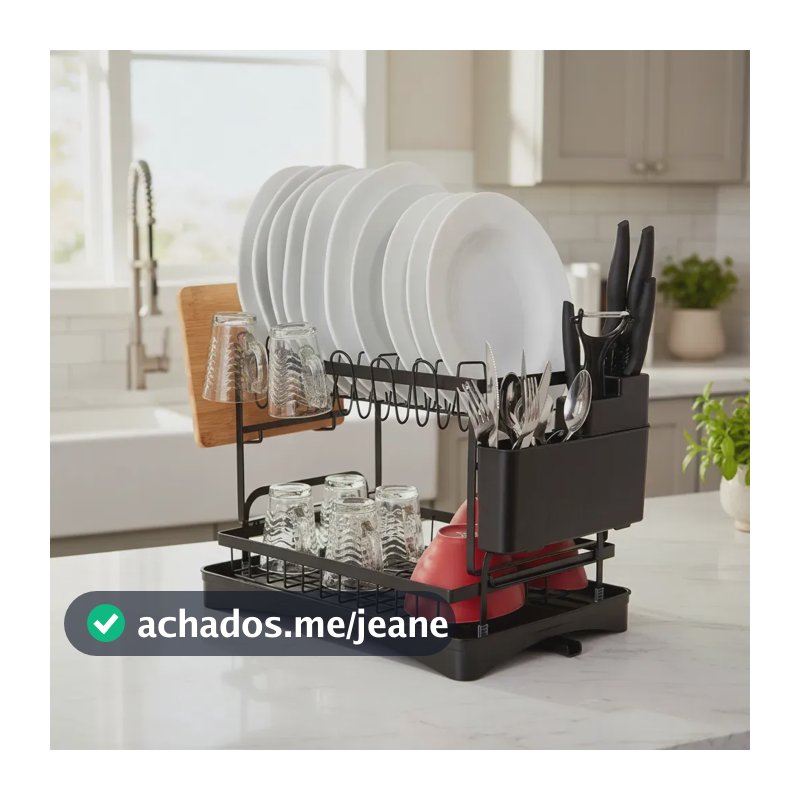 Escorredor De Louças Pratos Talheres Copos 2 Andares Larumi Preto