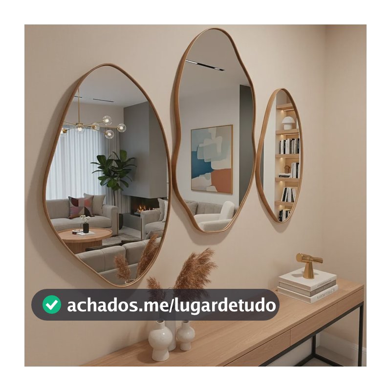 Kit 3 Espelhos Orgânico Grandes Moldura Couro Design Moderno