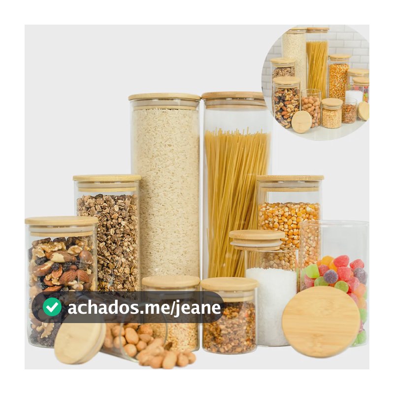 Kit 10 Pote Vidro Hermético Tampa De Bambu Redondo Cozinha Transparente