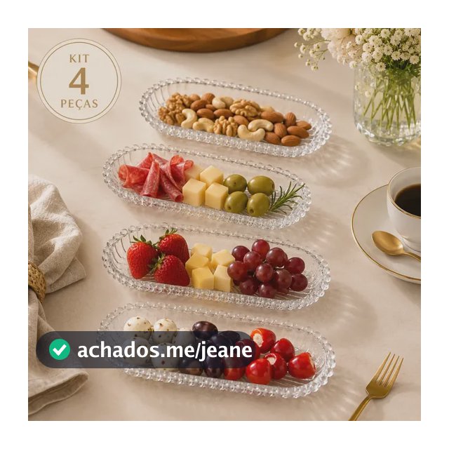 Kit 4 Petisqueiras Ovais De Vidro Decoradas Mesa Posta Transparente