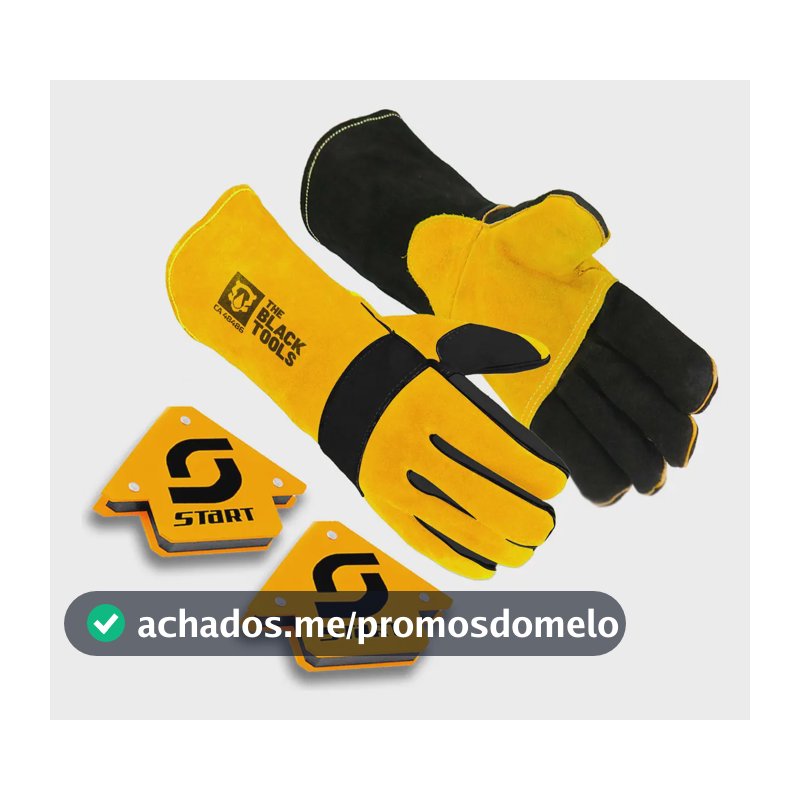 Luva De Segurança Para Soldador Em Raspa Proteção Cano Longo 32cm - The Black Tools + Esquadro Magnético De Solda 12 Kg - Start