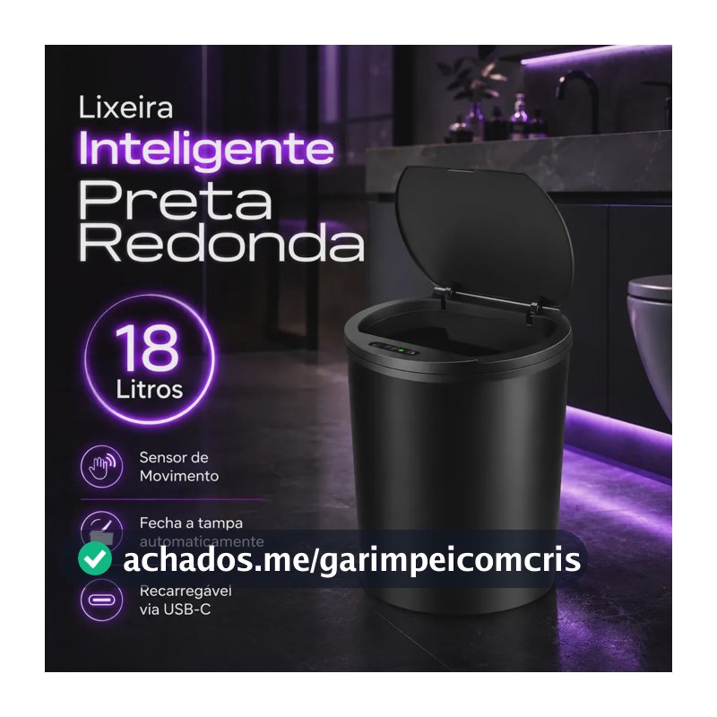 Lixeira Inteligente Smart 16l Automática Recarregável Preto Sensor Banheiro E Cozinha Moderna
