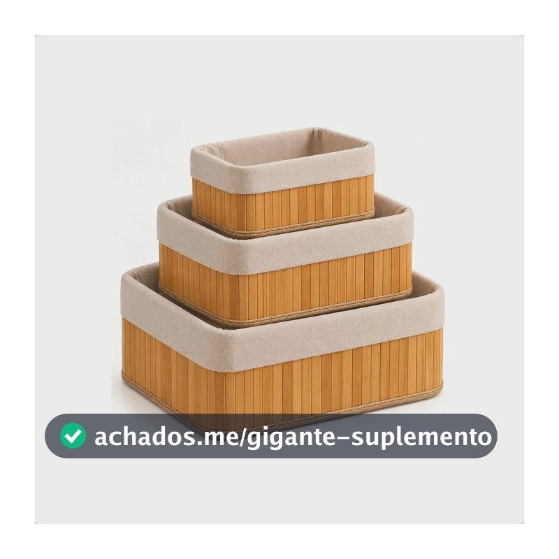 Kit 3 Cestos Organizadores de Bambu Retangulares com Forro para Casa e Banheiro