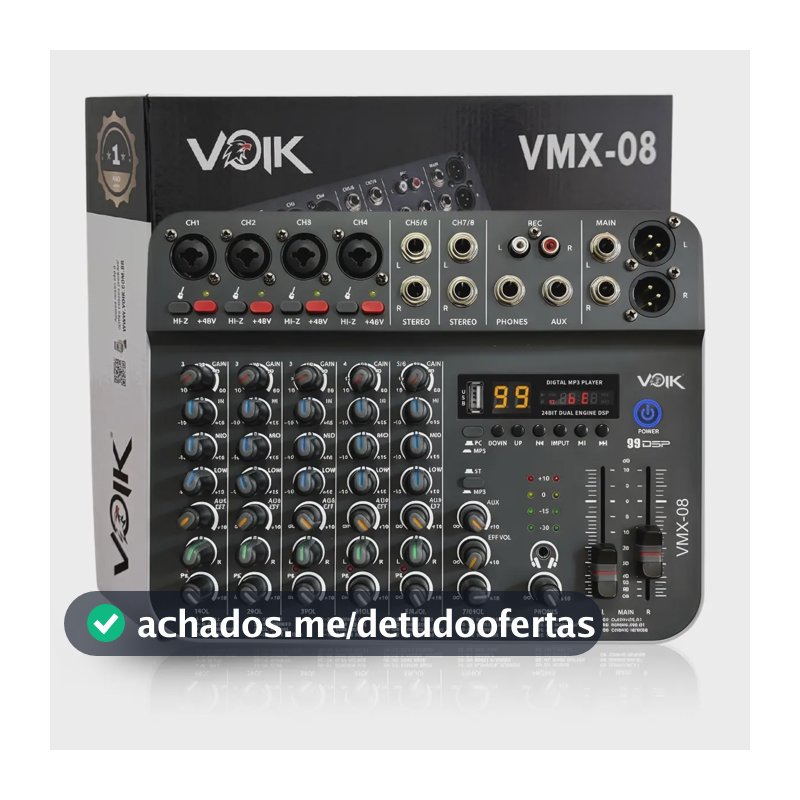 Mesa De Som 8 Canais Voik VMX-08 USB Bluetooth 99 Efeitos Interface de Áudio Live Streaming 48v Phantom Power HI-Z Processamento Digital Bivolt 110v/220v