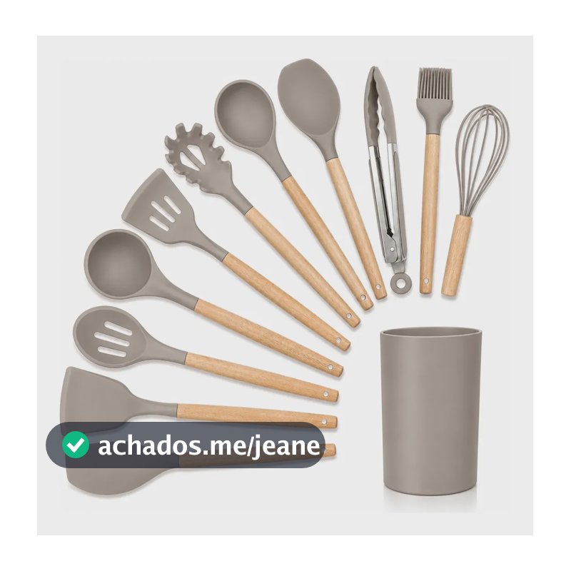 Kit Cozinha 12 Peças Utensílios Silicone Suporte Cabo Madeira Espátula Concha