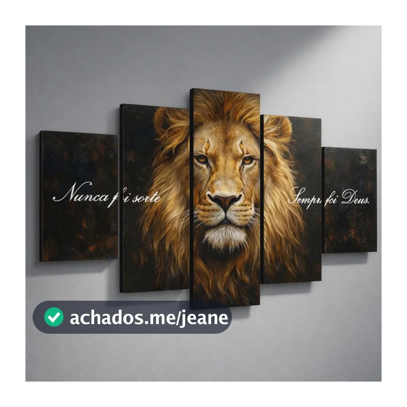 Kit 5 Quadros Decorativos Leão Quarto Casal Sala Grande Hall Marrom E Dourado Preto