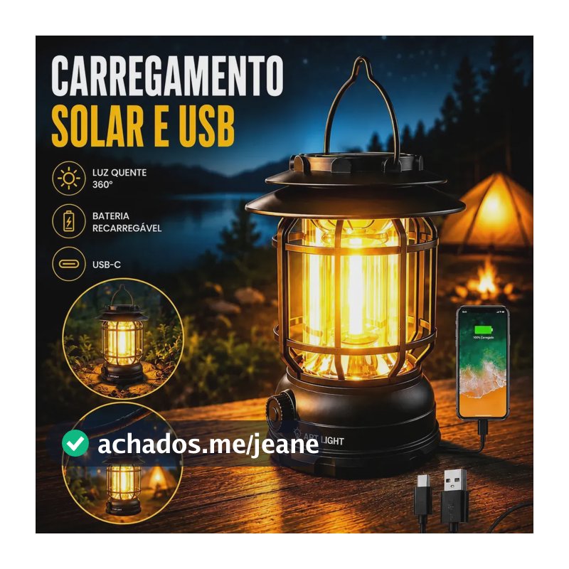 Lampião LED Recarregável Solar e USB Art Light para Camping e Emergência