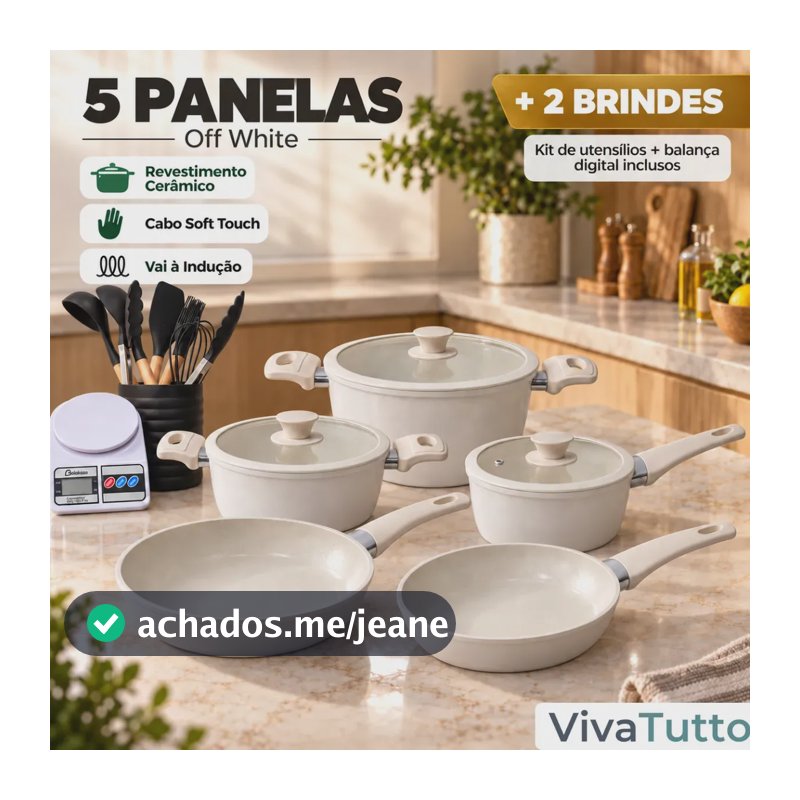 Jogo de Panelas Off White 6 Peças com Revestimento Cerâmico para Indução Tampa de Vidro Fechamento Hermético e Brinde de Utensilios de Silicone e Balança Digital VIVATUTTO