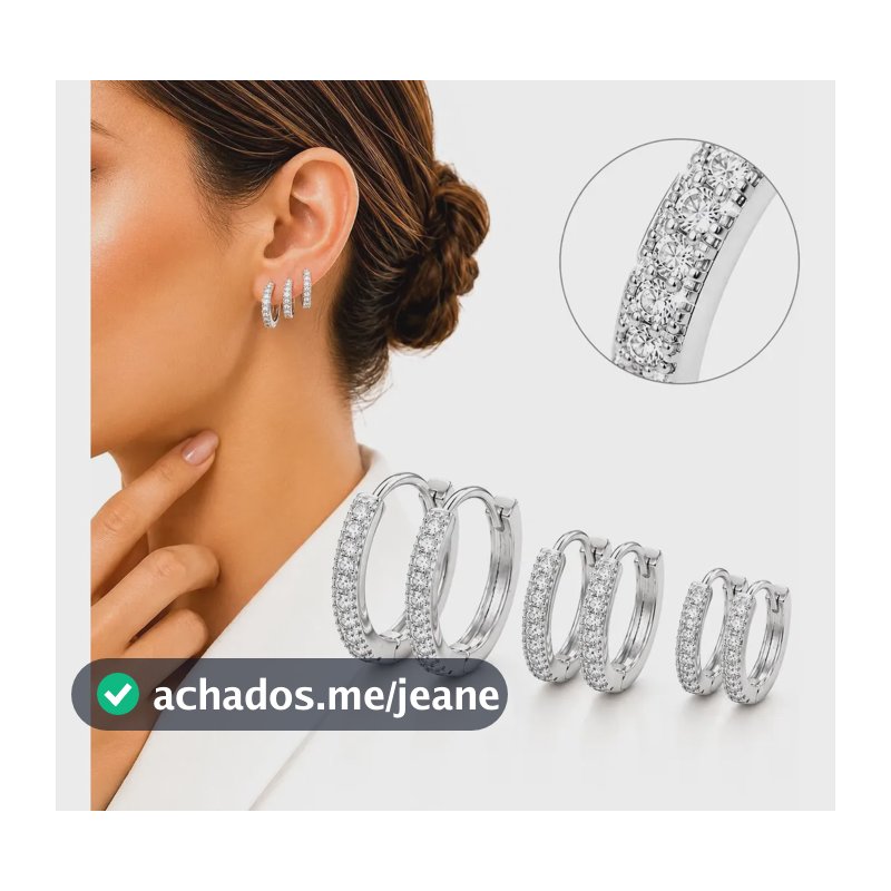 Trio De Argolas Finas Pedras Brilhante Banhado A Ouro Branco Prateado