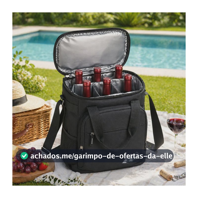 Bolsa Térmica Porta Vinho 6 Garrafas Com Proteção Piquenique Preto