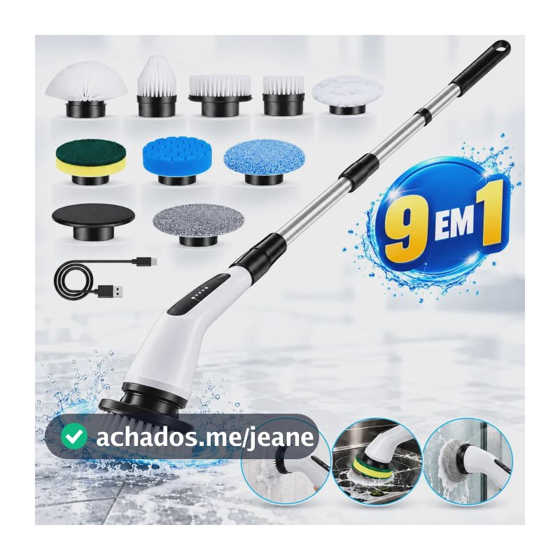Escova Elétrica de Limpeza 9 em 1 Multifuncional Recarregável USB-C para Casa Banheiro Cozinha e Carro - Multicontrol