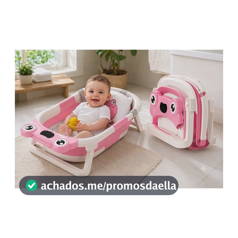 Banheira Bebe Dobrável Com Termômetro Rosa Almofada Infantil Kids Suporte Banheirinha Chuveirinho Calor Ofurô Criança