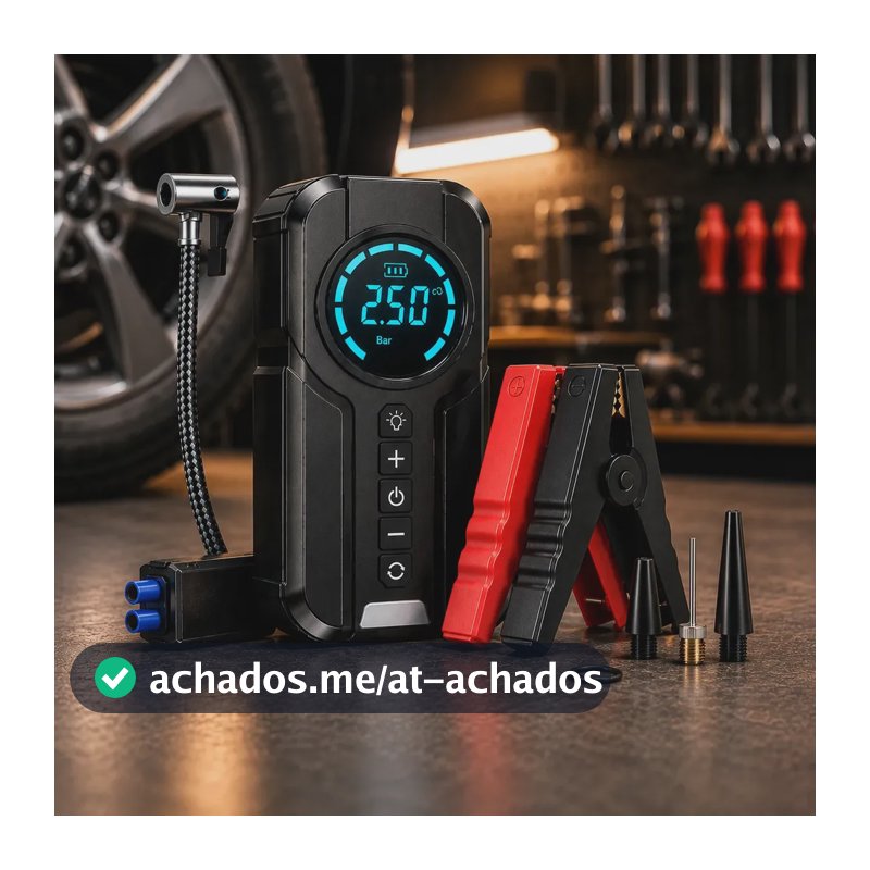 Auxiliar de Partida Carregador Bateria e Compressor de Ar Portátil 6 em 1 Inteligente para Carro, Moto e Bicicleta com Lanterna e Power Bank