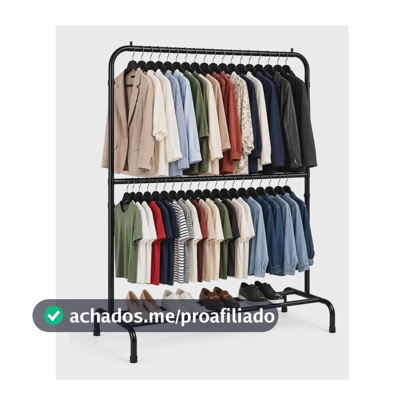 Arara Dupla Para Roupas Com Sapateira Reforçada Profissional Preto