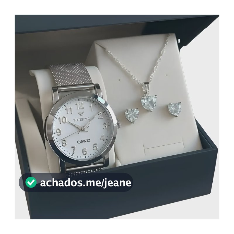 Kit Relógio Feminino Quartz Prova Dágua + Colar E Brincos Cinza Prateado Branco