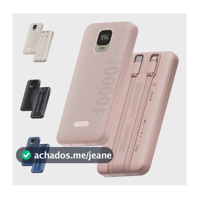 Power Bank Basike 10000mAh Com 22.5w Carga Rápida e Cabos Integrados, Carregador Portátil Celular Display Digital Para iPhone Samsung Galaxy Motorola Xiaomi Redmi,Rosa